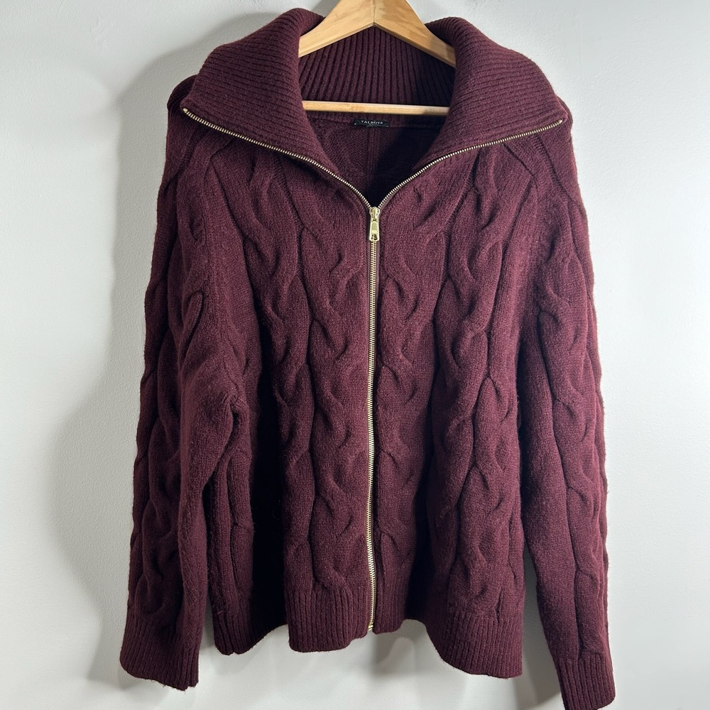 Talbots Cable Knit Zip Up Cardigan Sweater 3X Burgundy Old Money Luxury Classic